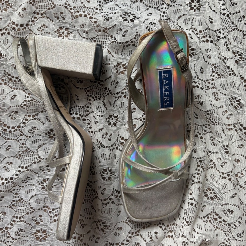 Mermaid Silver Shimmer Holographic Block Heel‎ Strappy Sandals Womens 8.5
